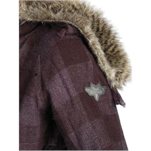 DIESEL Genuine Sheep Fur Wool Convertible Hood Plaid Parka Coat Jacket Maroon S - Picture 3 of 12